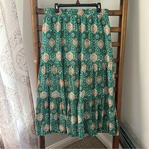 Green Tiered Maxi Skirt with Patterned Medallions